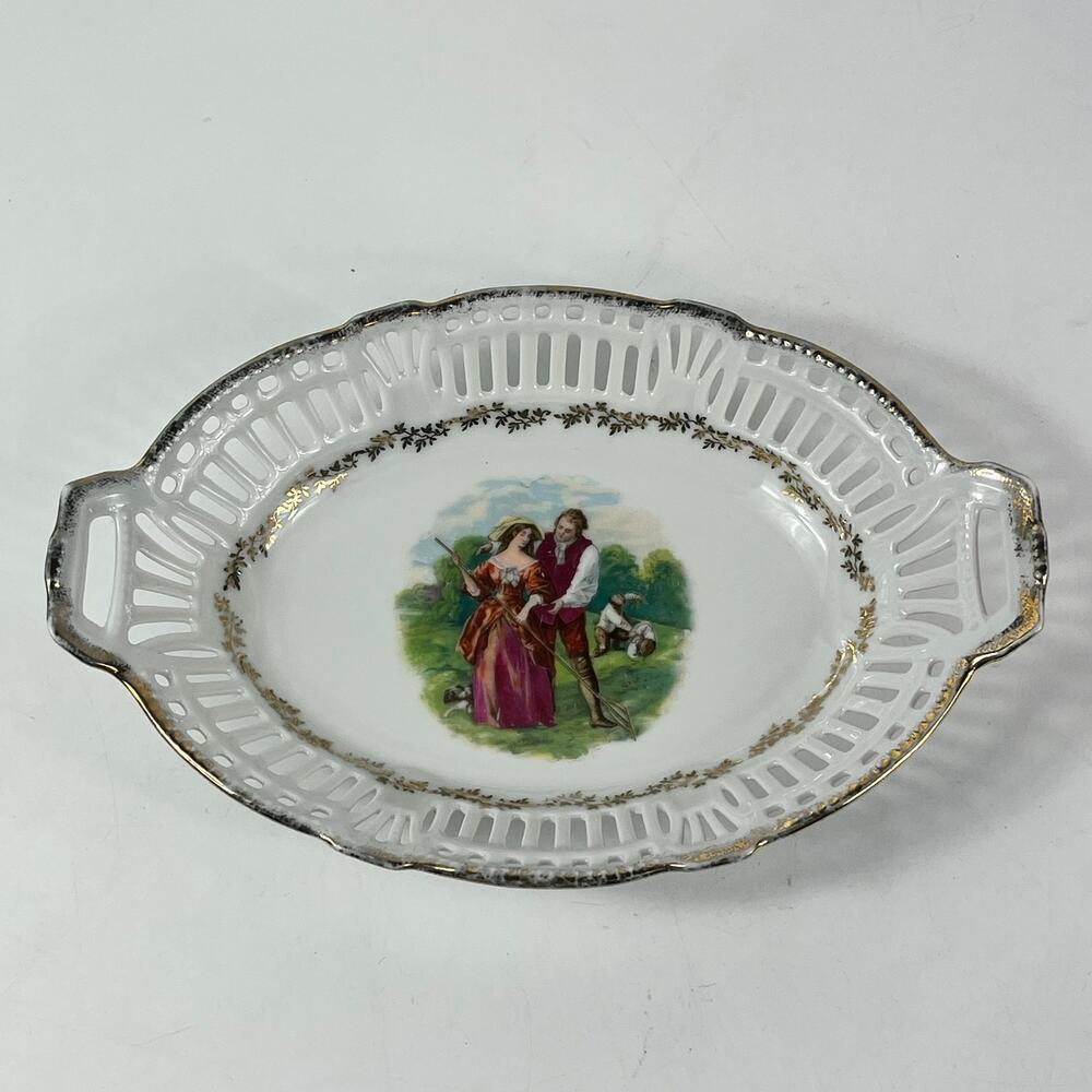 German Porcelain Trinket Dish Victorian Couple Farming Lattice Reticulated Bowl
